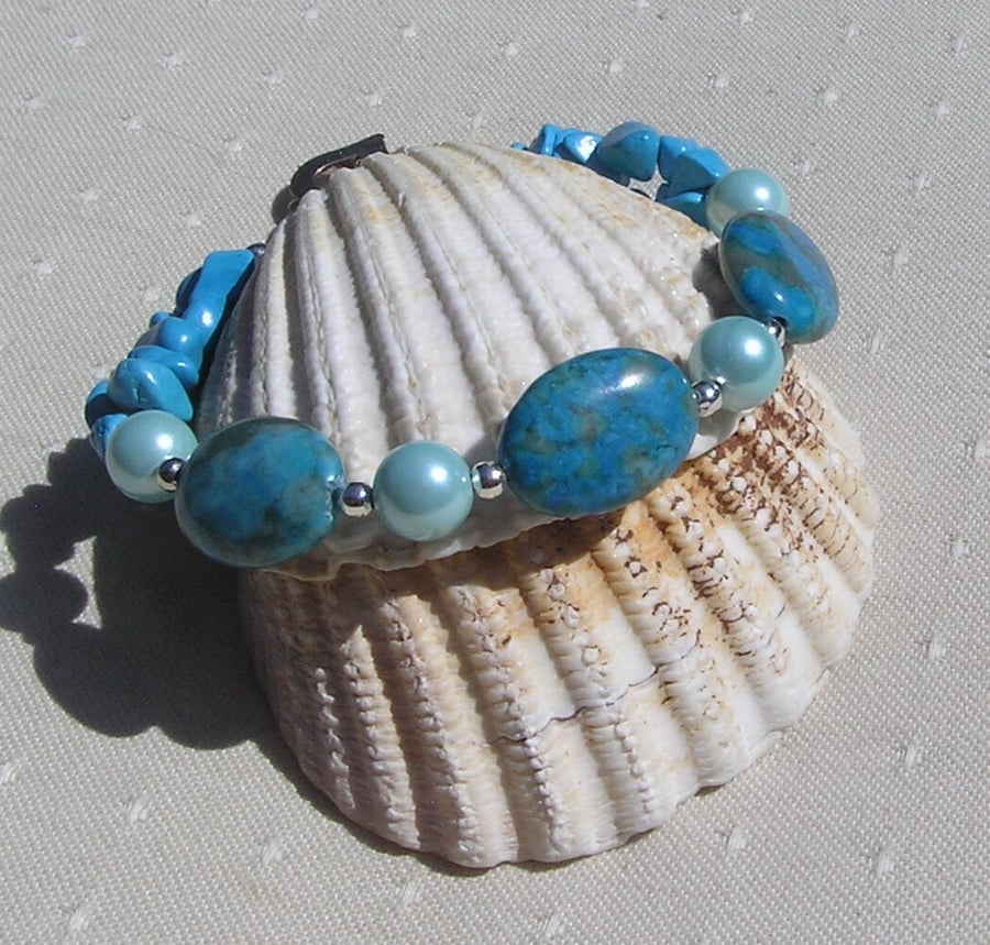 Blue Agate, Howlite & Turquoise Shell Pearl Gemstone Crystal Bracelet "Breonna"