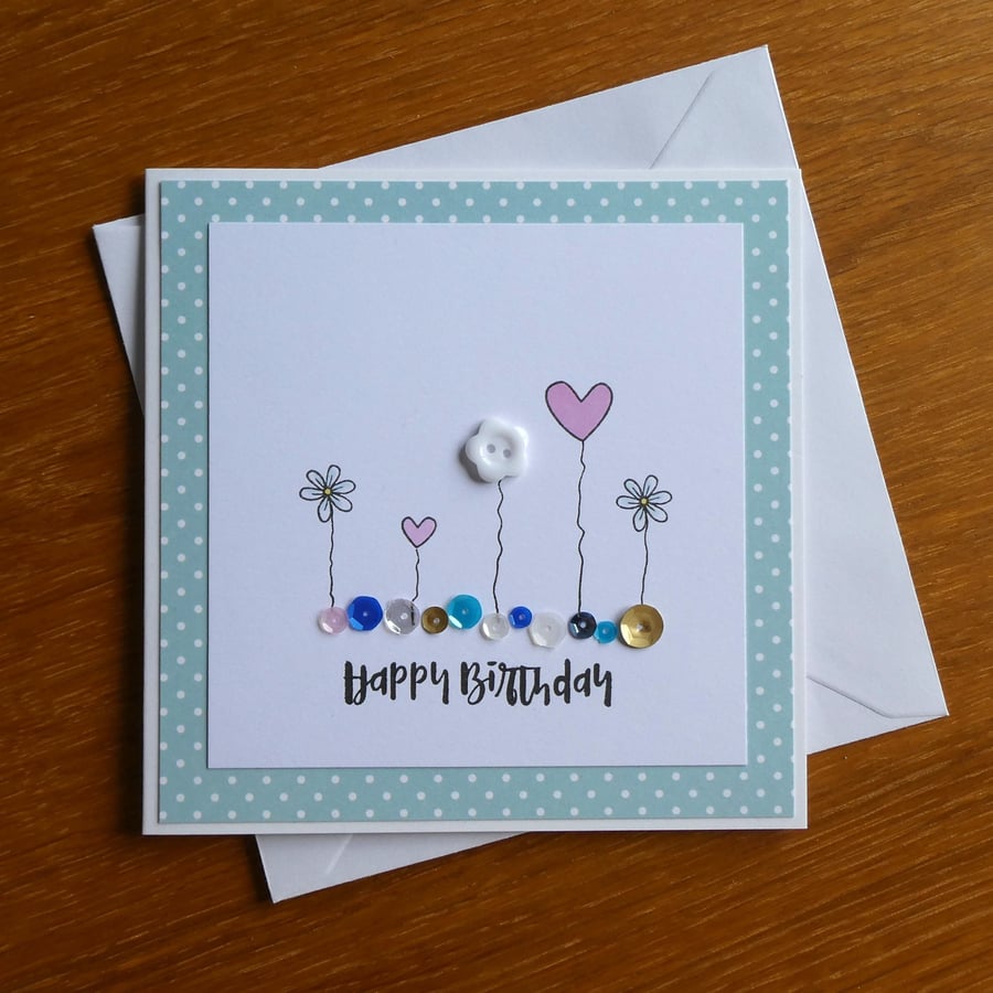 Birthday Card - Flowers, Hearts and Sequins - Turquoise and Pink