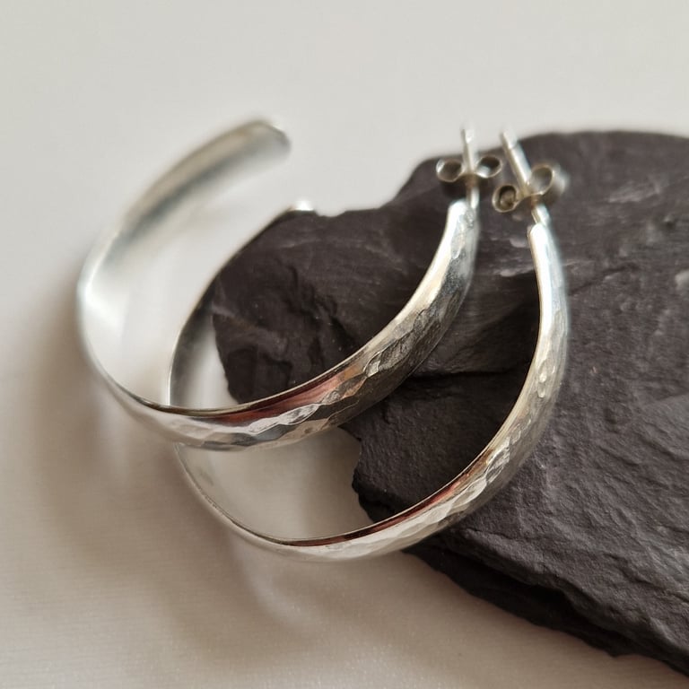 Hammered Sterling Silver Hoop Earrings: handcrafted, textured, polished