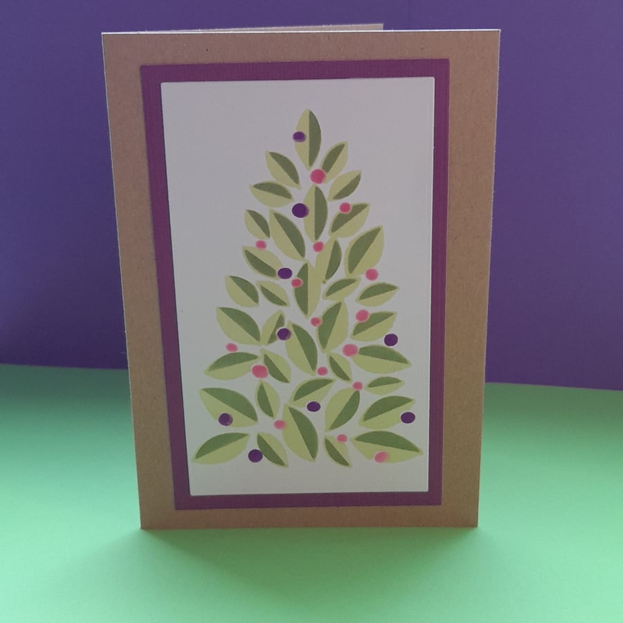 Christmas Tree Christmas Card - Bright Purple & Lime - Handmade