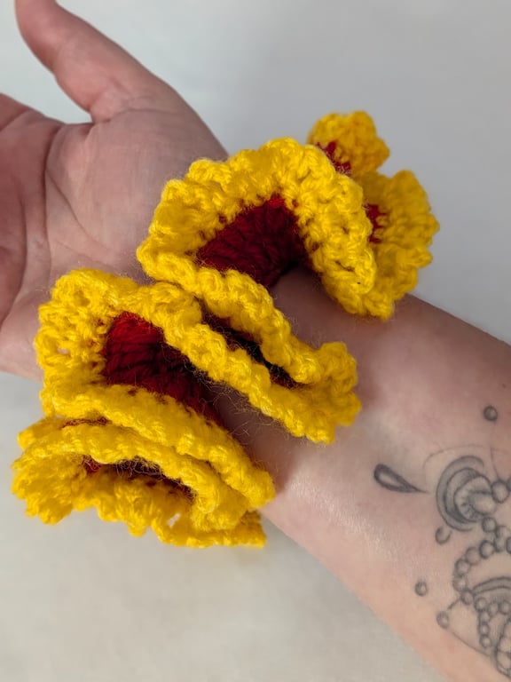 Red and yellow crocheted Scrunchie 