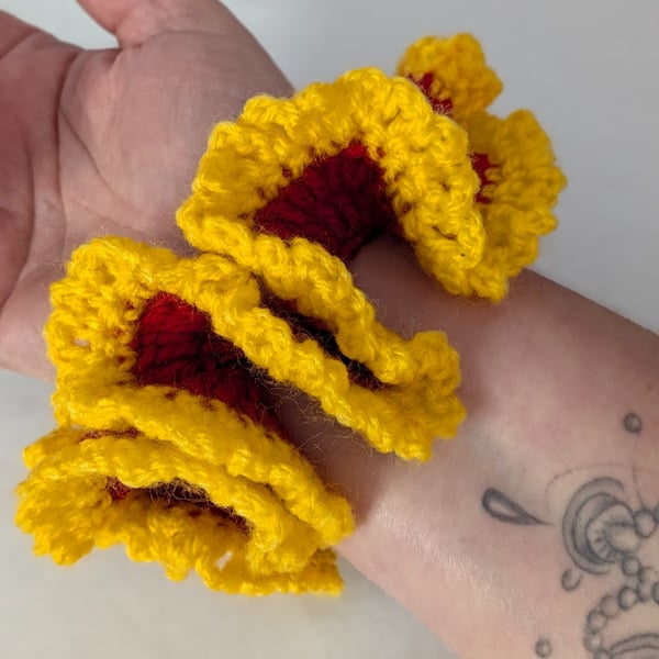 Red and yellow crocheted Scrunchie 