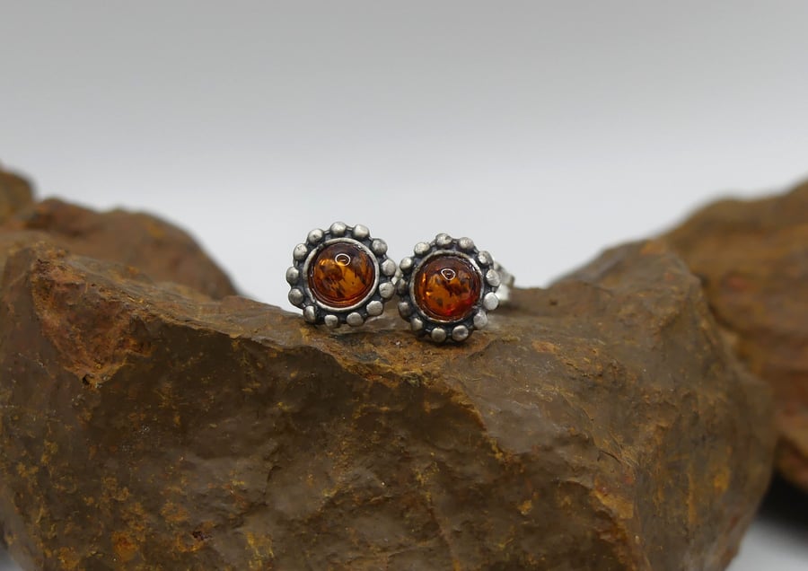 Recycled Sterling Silver Round Studded Earrings with Amber.