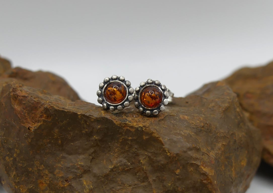 Recycled Sterling Silver Round Studded Earrings with Amber.