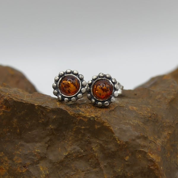 Recycled Sterling Silver Round Studded Earrings with Amber.