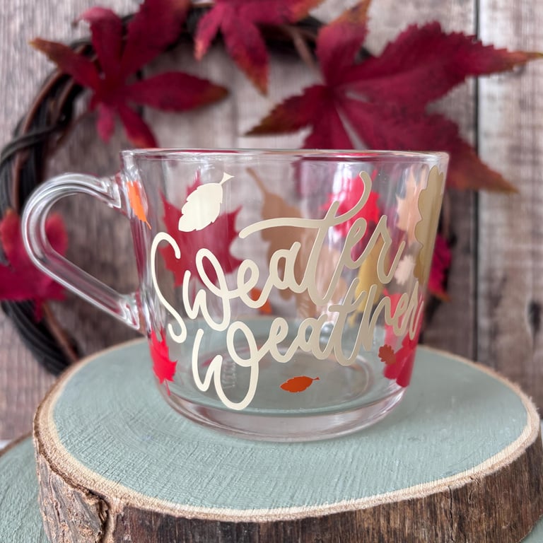 Sweater Weather Glass Mug: Autumn Leaf Design, Coffee, Tea, Hot Chocolate