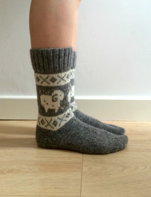 READY TO SHIP Grey Wool Socks White Ram Sheep Aries FairIsle Scandinavian Winter
