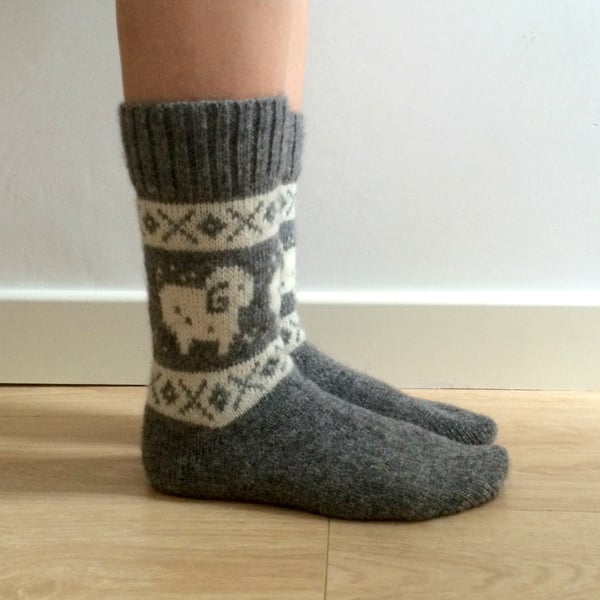 READY TO SHIP Grey Wool Socks White Ram Sheep Aries FairIsle Scandinavian Winter