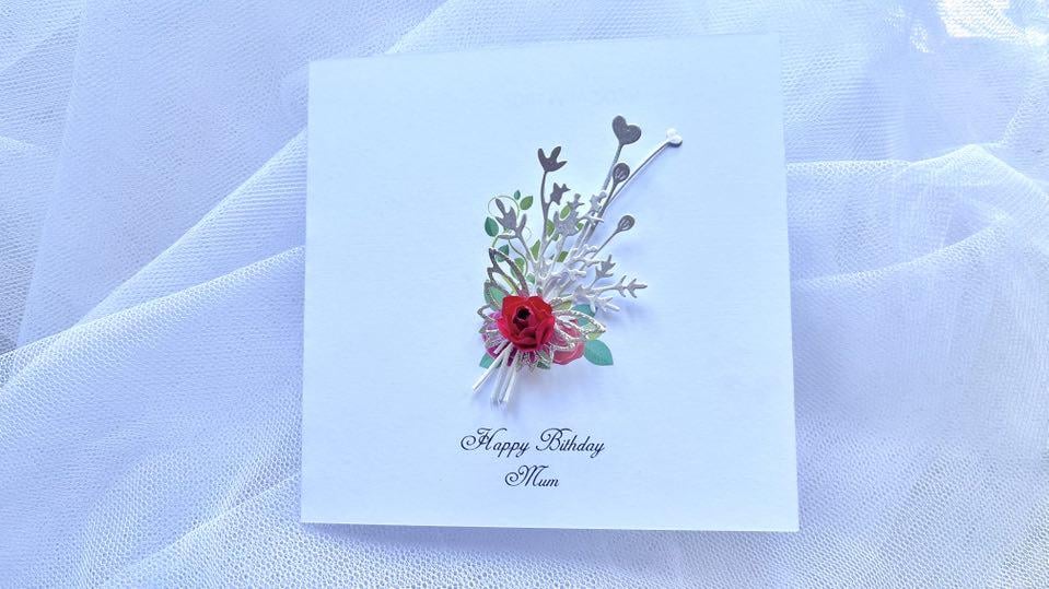 Personalized Handmade Birthday Card: Paper Flower, Pearlescent Card C653