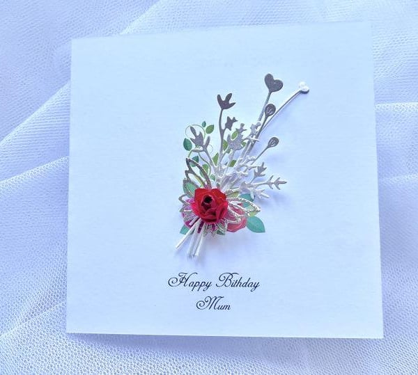 Personalized Handmade Birthday Card: Paper Flower, Pearlescent Card C653