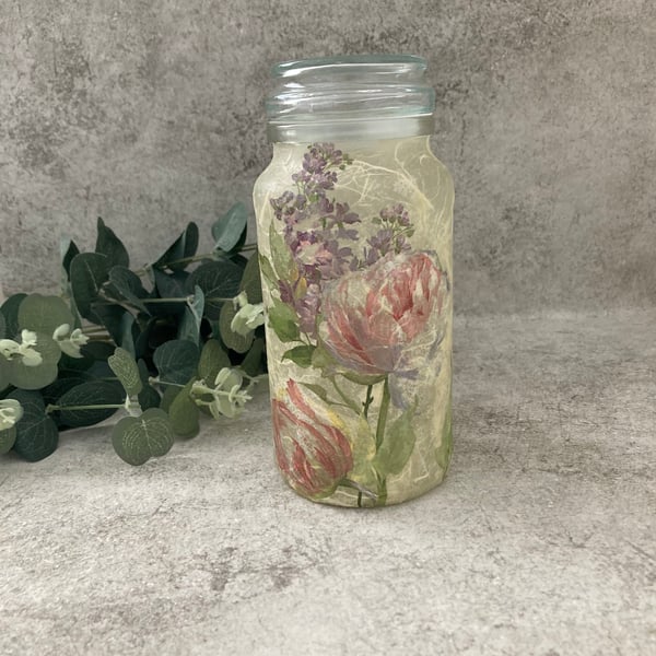 Decoupage Glass Storage Jar Candle Jar Floral Home Decor - Upcycled
