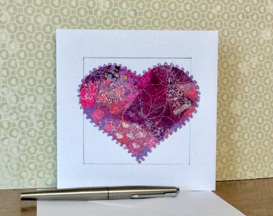 Embroidered up-cycled fabric heart Art Card.  