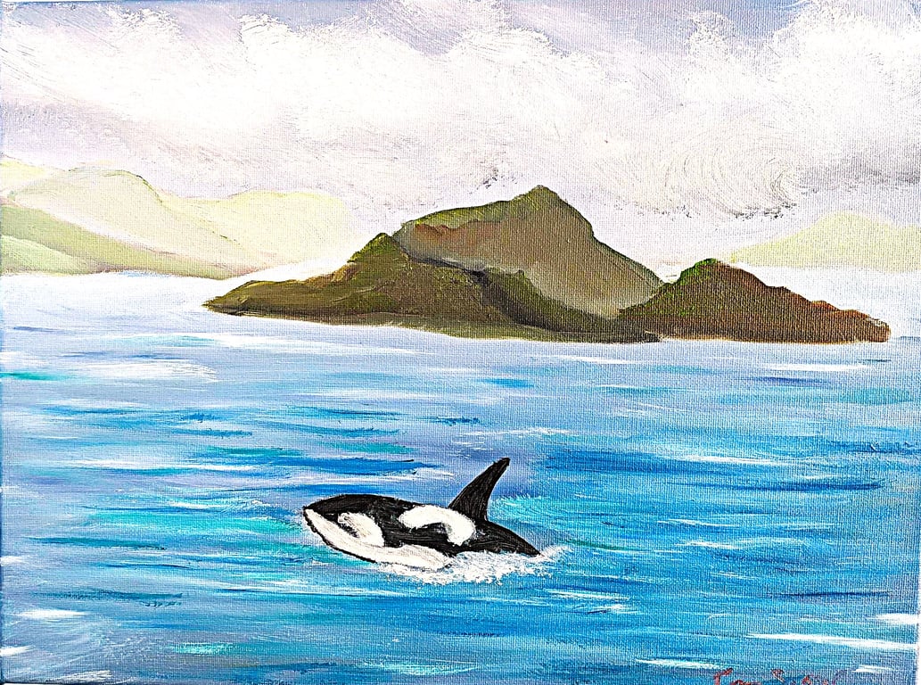 Scottish Northern Isles Coast Orca breeching, original Oil Painting