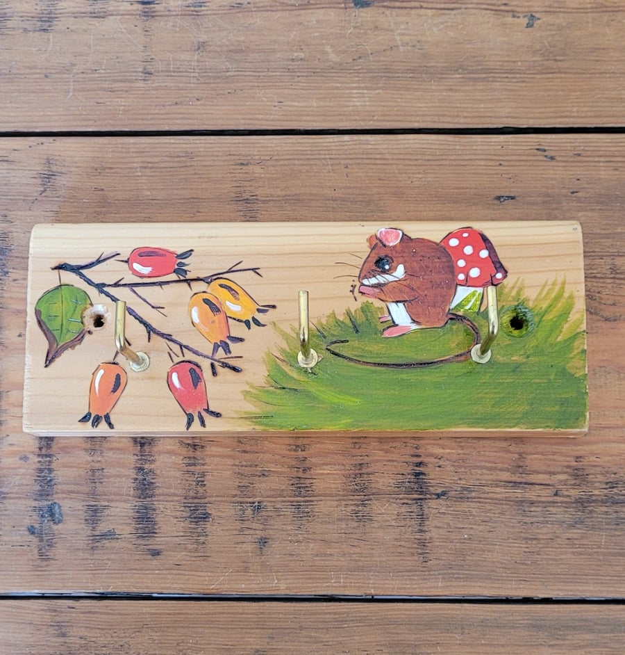 Wooden Coat Hooks Decorated With A Mouse And Rosehips