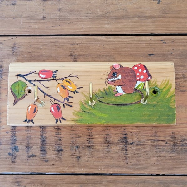 Wooden Coat Hooks Decorated With A Mouse And Rosehips