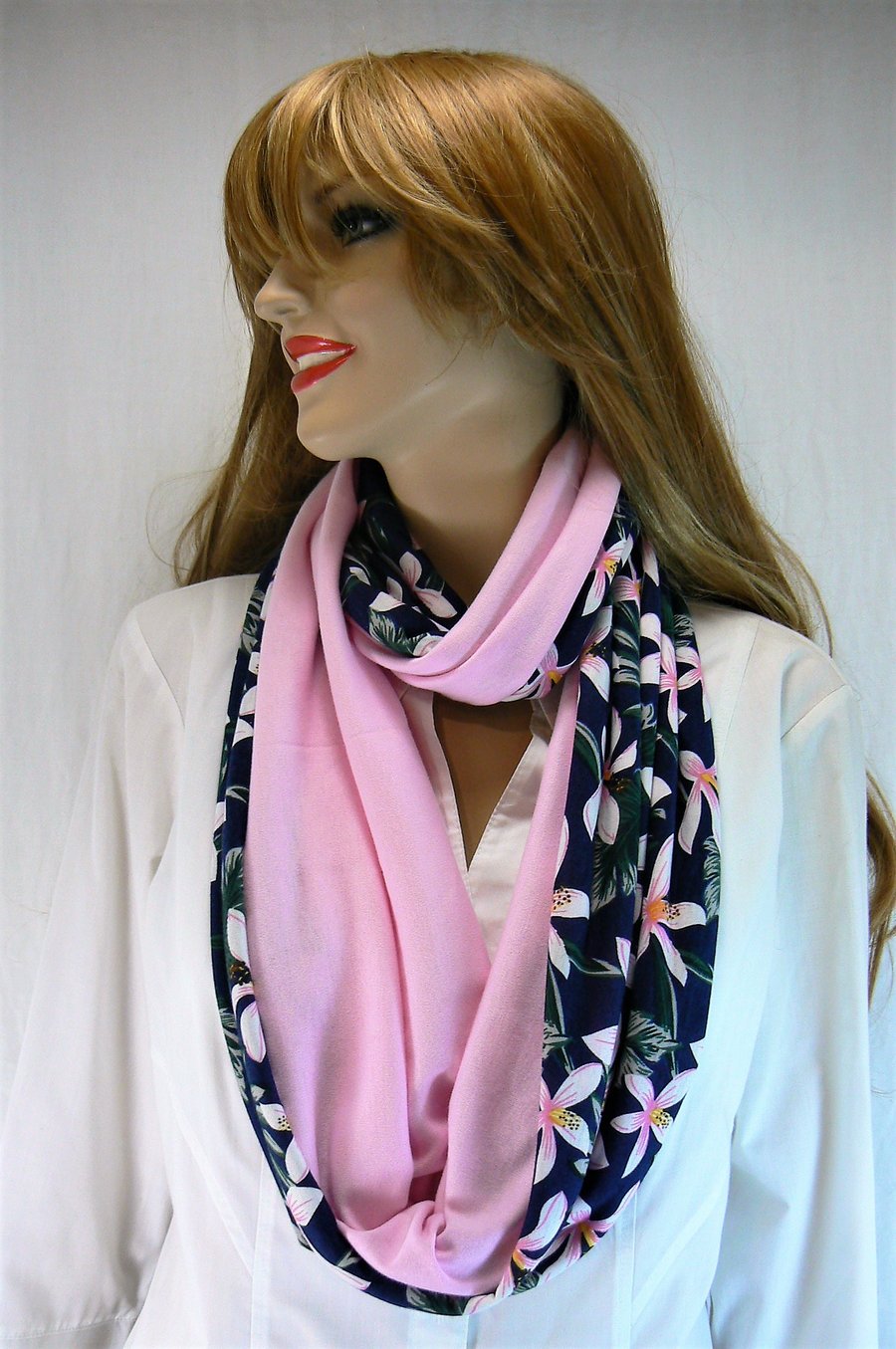 Infinity scarf (two tone, plain pink and floral navy print)