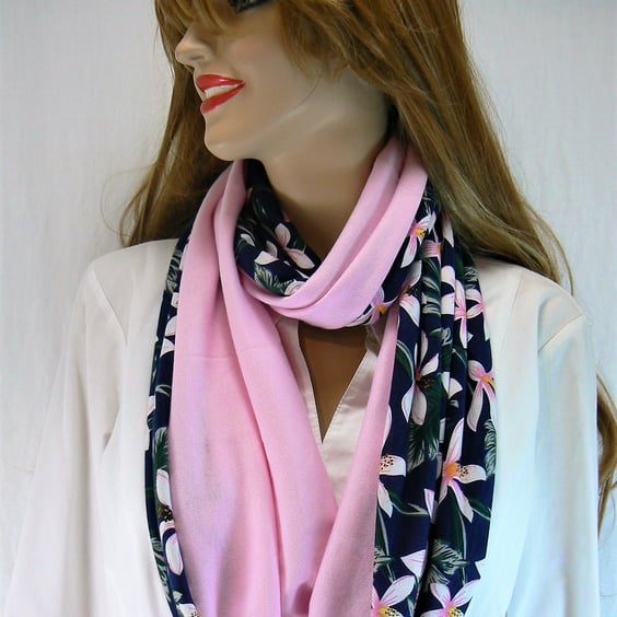 Infinity scarf (two tone, plain pink and floral navy print)