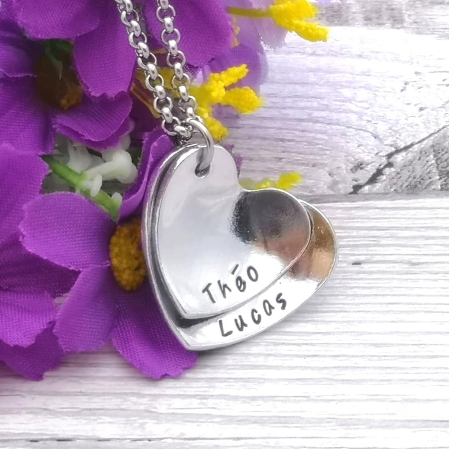 Layered Two Heart Necklace - Personalised Family Necklace - Mum Gift - Stacked