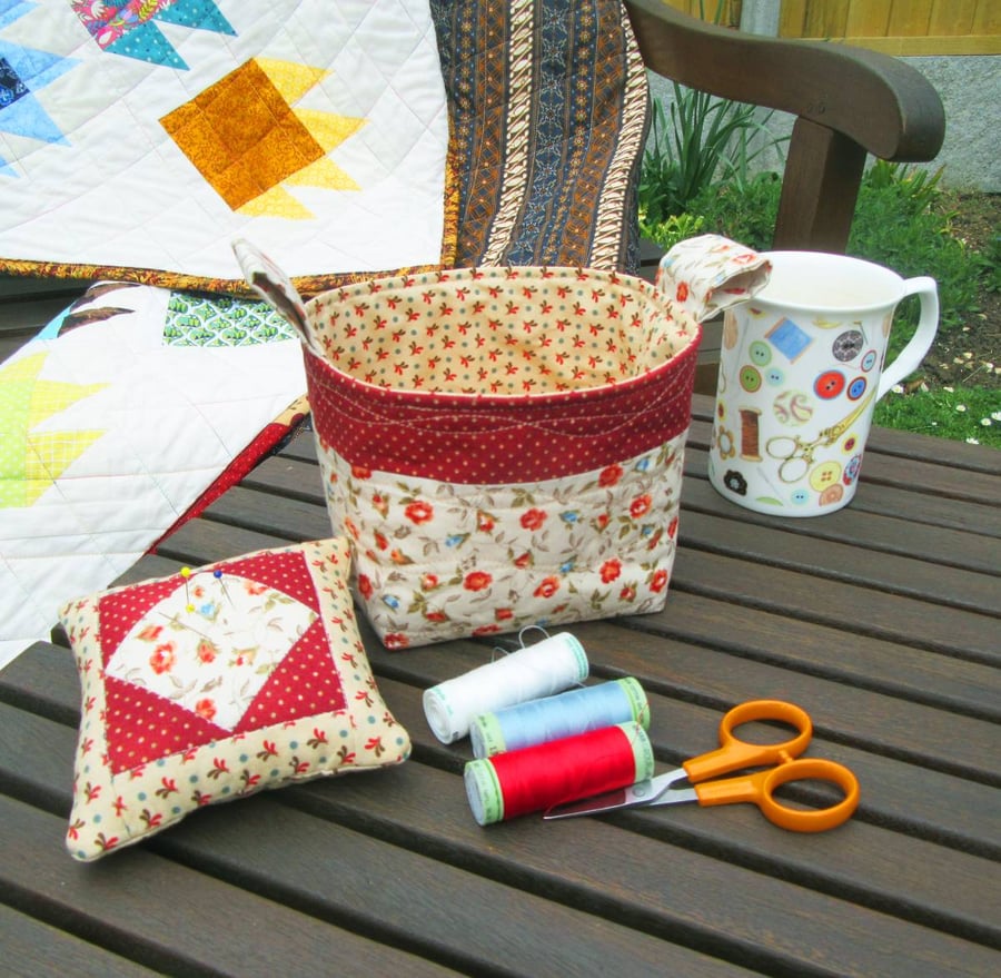 Patchwork Table Top Sewing Basket and Pincushion Set