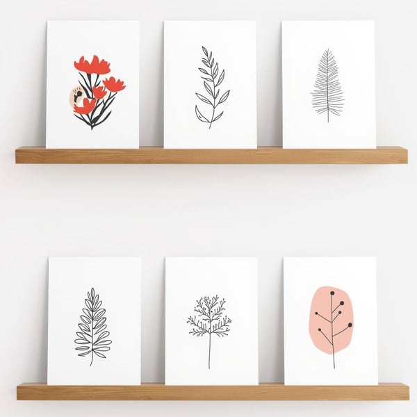 Pack of 6 - Modern Black Botanical - A6 White Linen Note Card & Envelope Set