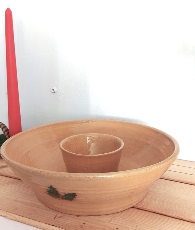 large pottery chip and dip serving bowl christmas holly motif, hand made