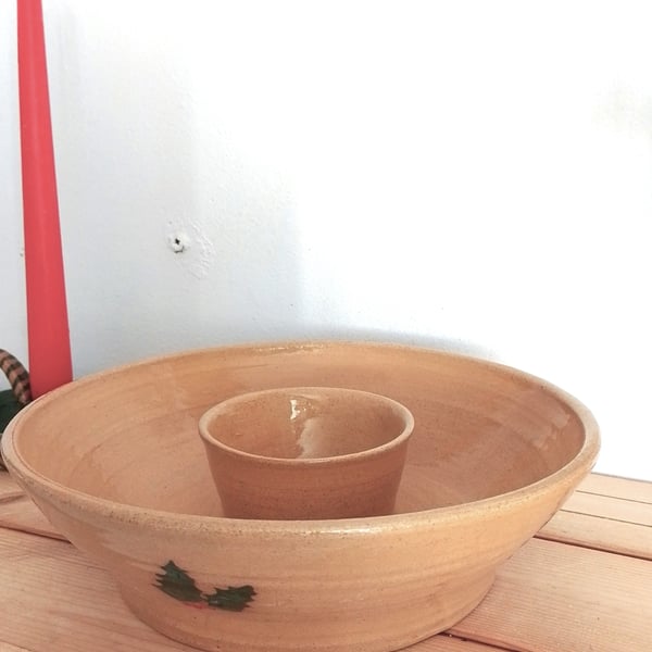 large pottery chip and dip serving bowl christmas holly motif, hand made