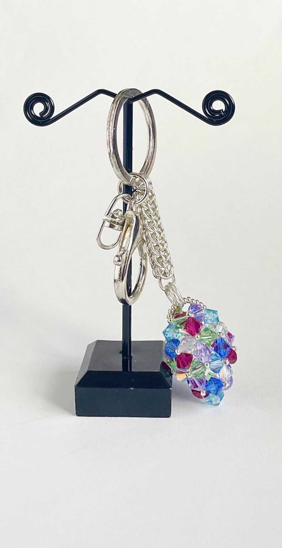 Handbag Charm, Egg Shaped Multi Coloured Crystal with Chainmaile Chain, Keyring