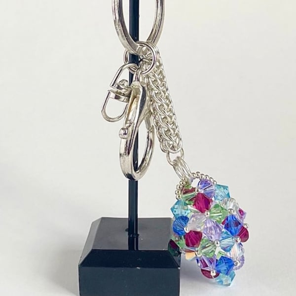 Handbag Charm, Egg Shaped Multi Coloured Crystal with Chainmaile Chain, Keyring