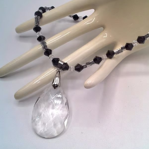 Clear Oval Crystal Pendant on a Black and Clear Bead Necklace, Gift for Her