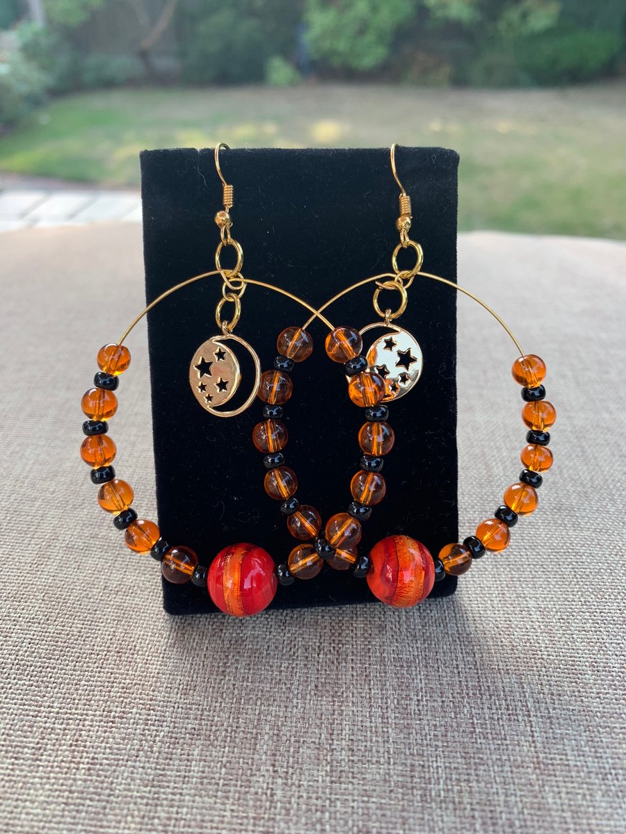 Orange & Black Boho Style Bead Earrings Gold Plated Moon & Star Charm 