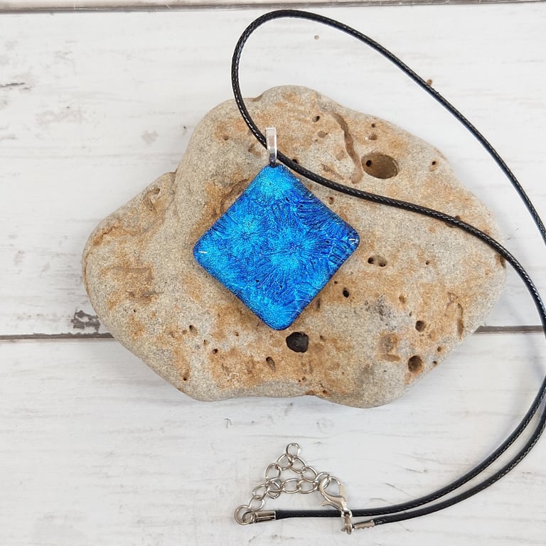 Diamond Shaped, Dichroic Florentine Teal Blue, Fused Glass Pendant 