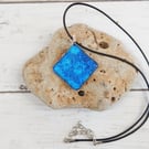 Diamond Shaped, Dichroic Florentine Teal Blue, Fused Glass Pendant 