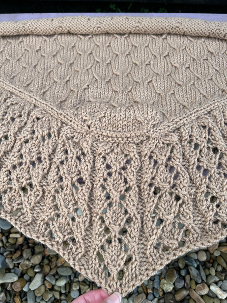 Soft merino wool rich camel brown bottom up textured & lace hand knitted shawl 