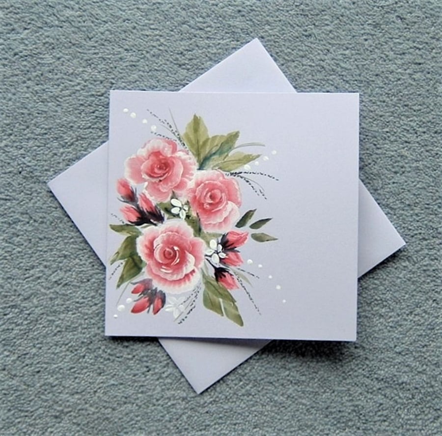 blank greetings card,all occasion hand painted floral roses ( ref F 209 )