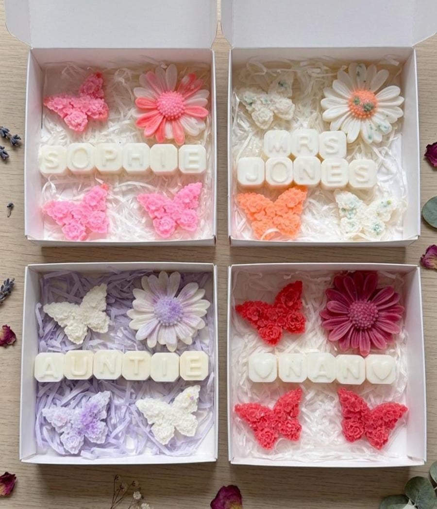 Personalised Wax Melt Gift Box, Flower Wax Melts, UK, Vegan, Coconut Wax