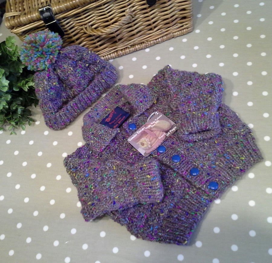 Textured Hand  Knitted Jacket & Bobble Hat with 30% Merino Wool  9-18 months