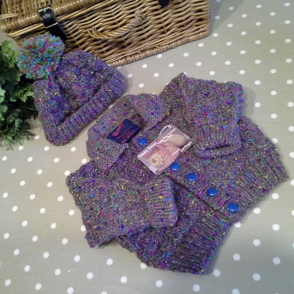 Textured Hand  Knitted Jacket & Bobble Hat with 30% Merino Wool  9-18 months