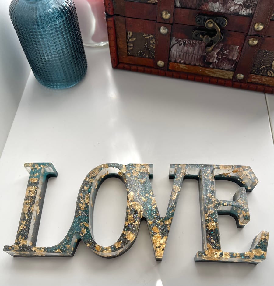Dark Teal and Gold Resin LOVE Sign FREE delivery