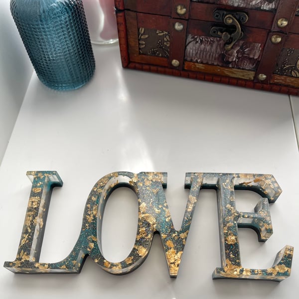Dark Teal and Gold Resin LOVE Sign FREE delivery