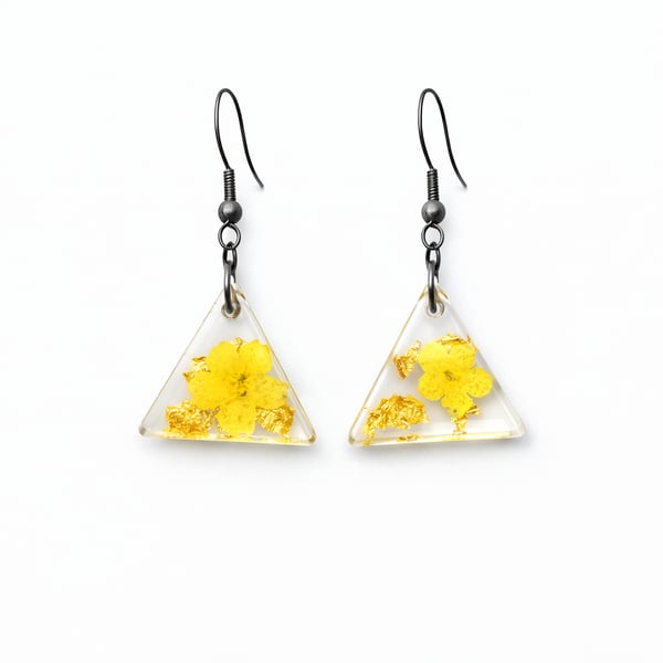 Small Yellow Flower Triangle Resin Earrings with Gold Leaf – Minimalist Dangle 