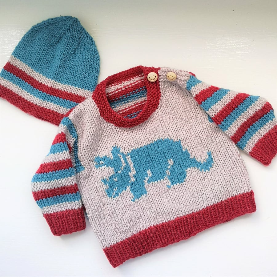 Dinosaur Baby Sweater and Hat Knitting Pattern, Digital Pattern