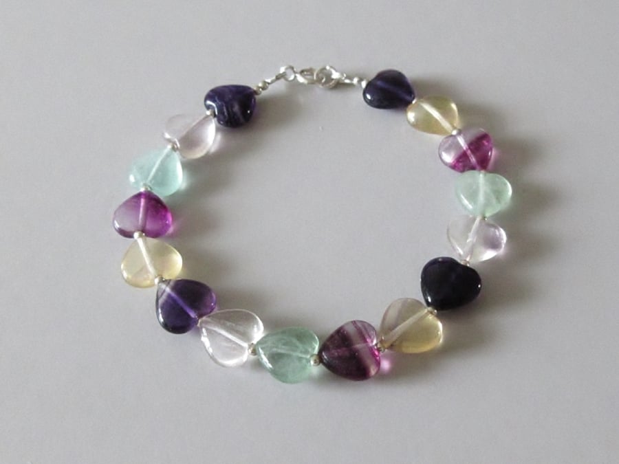 Rainbow Fluorite Hearts Bracelet With Sterling Silver Beads