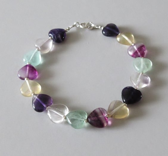 Rainbow Fluorite Hearts Bracelet With Sterling Silver Beads