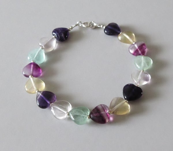 Rainbow Fluorite Hearts Bracelet With Sterling Silver Beads