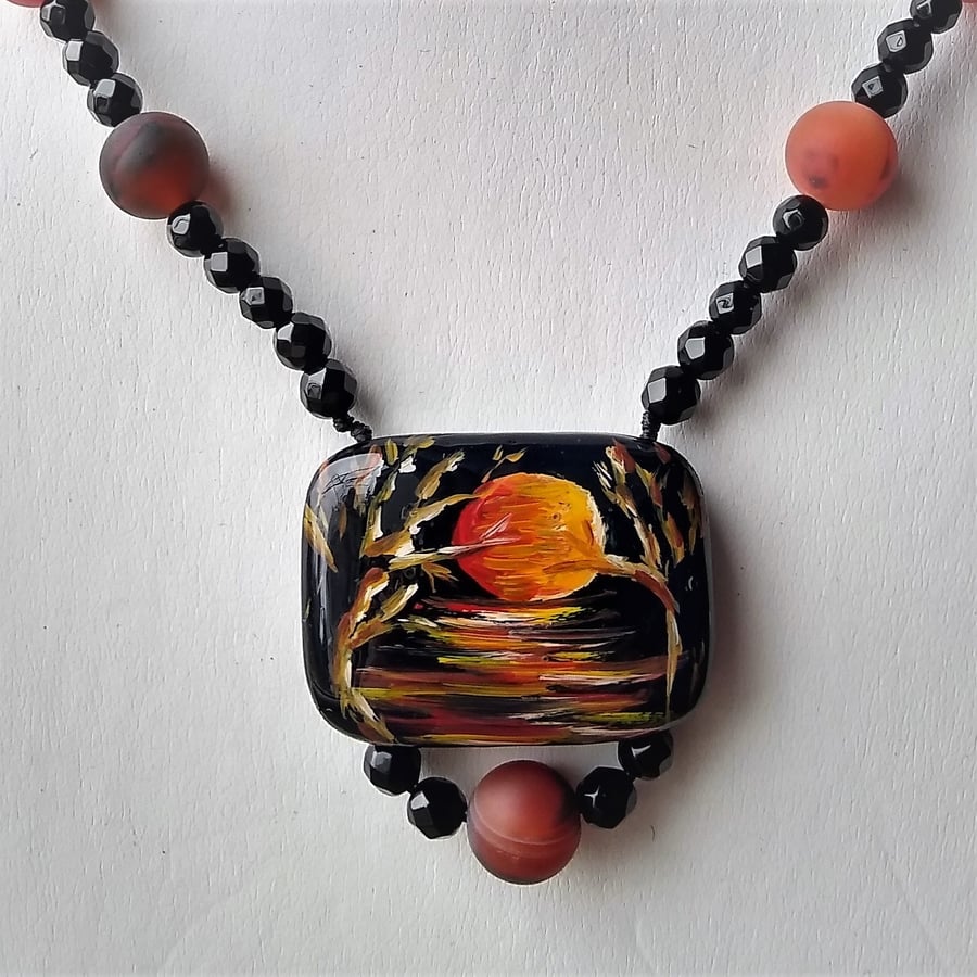 Hand Painted Sunset on Black Agate Pendant and Beaded Necklace 18 -21 Inch