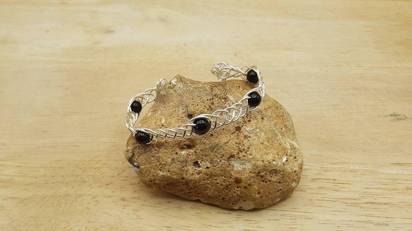 black Jet cuff bracelet. Celtic weave wire wrap