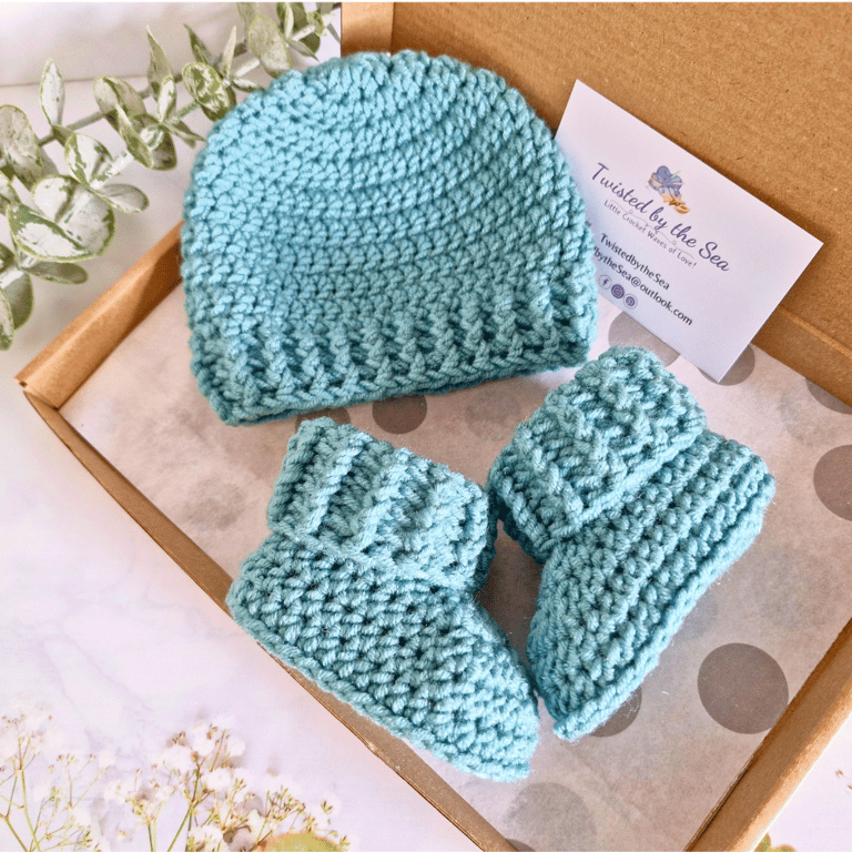 Crochet Newborn Hat and Booties Set – Deep Blue-Green – Baby Shower Gift 