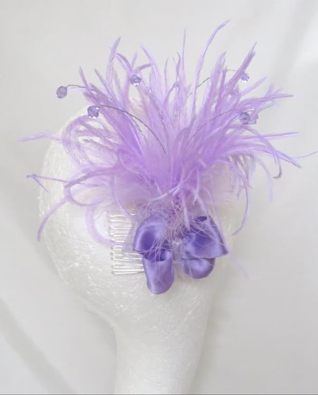 Lilac Regency Soft Floaty Feather & Crystal Bow Fascinator Comb Headpiece