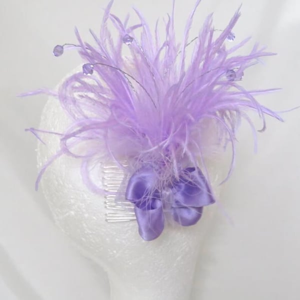 Lilac Regency Soft Floaty Feather & Crystal Bow Fascinator Comb Headpiece