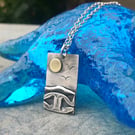 Silver beach, sea coast pendant, with brass sun and seagulls
